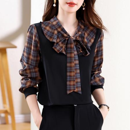 FA43195# 格子飘带衬衫女秋季新款气质百搭减龄假两件上衣 服裝批發女裝批發服飾貨源