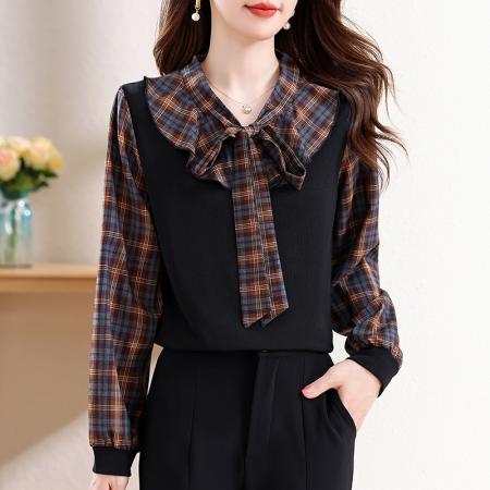 FA43195# 格子飘带衬衫女秋季新款气质百搭减龄假两件上衣 服裝批發女裝批發服飾貨源