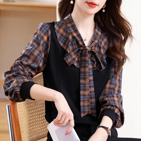 FA43195# 格子飘带衬衫女秋季新款气质百搭减龄假两件上衣 服裝批發女裝批發服飾貨源