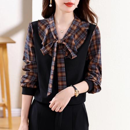 FA43195# 格子飘带衬衫女秋季新款气质百搭减龄假两件上衣 服裝批發女裝批發服飾貨源