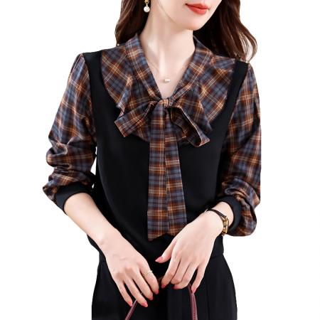 FA43195# 格子飘带衬衫女秋季新款气质百搭减龄假两件上衣 服裝批發女裝批發服飾貨源