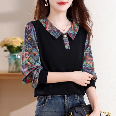 FA43197# 娃娃领印花衬衫女秋季新款气质百搭减龄假两件上衣 服裝批發女裝批發服飾貨源