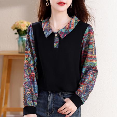 FA43197# 娃娃领印花衬衫女秋季新款气质百搭减龄假两件上衣 服裝批發女裝批發服飾貨源