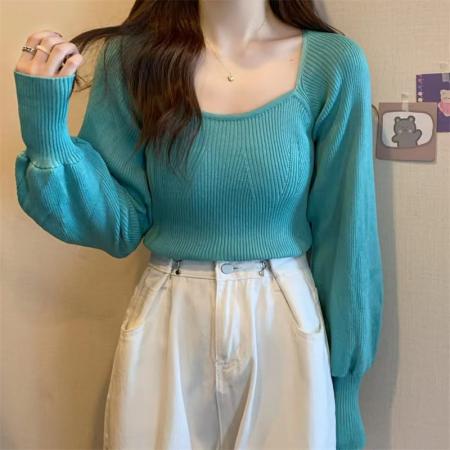 FA43205# 韩版修身束手设计感大方领百搭针织上衣女 服裝批發女裝批發服飾貨源