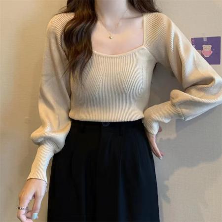 FA43205# 韩版修身束手设计感大方领百搭针织上衣女 服裝批發女裝批發服飾貨源