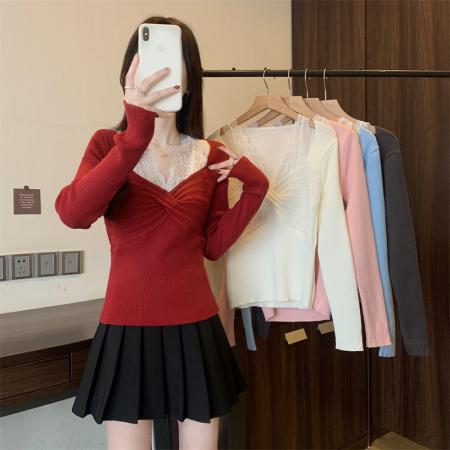 FA43207# 法式气质假两件蕾丝拼接针织衫女显瘦V领长袖上衣 服裝批發女裝批發服飾貨源