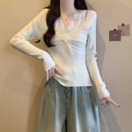 FA43207# 法式气质假两件蕾丝拼接针织衫女显瘦V领长袖上衣 服裝批發女裝批發服飾貨源
