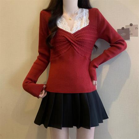 FA43207# 法式气质假两件蕾丝拼接针织衫女显瘦V领长袖上衣 服裝批發女裝批發服飾貨源