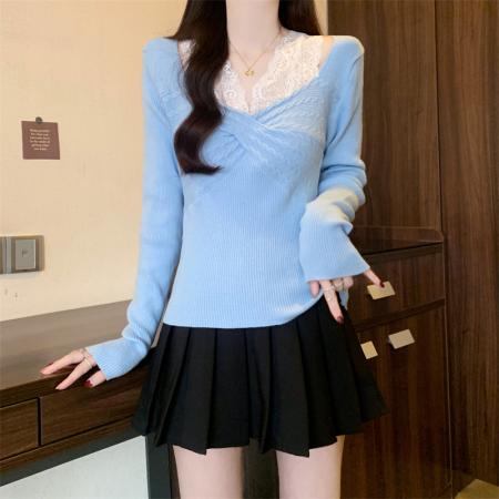 FA43207# 法式气质假两件蕾丝拼接针织衫女显瘦V领长袖上衣 服裝批發女裝批發服飾貨源