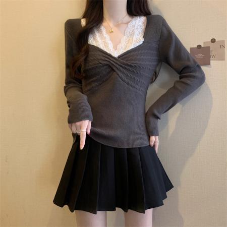 FA43207# 法式气质假两件蕾丝拼接针织衫女显瘦V领长袖上衣 服裝批發女裝批發服飾貨源