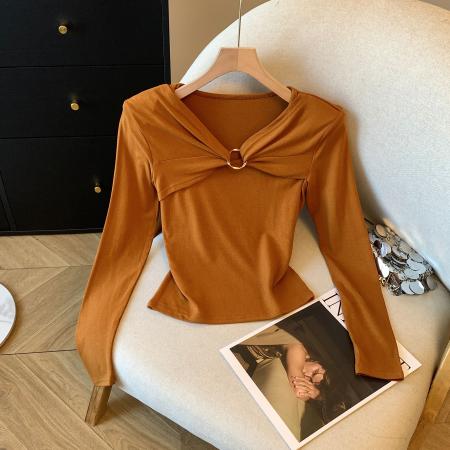 FA43233# 早秋慵懒松弛感收腰修身打底衫女内搭设计感复古独特长袖上衣 服裝批發女裝批發服飾貨源