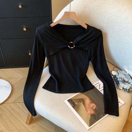 FA43233# 早秋慵懒松弛感收腰修身打底衫女内搭设计感复古独特长袖上衣 服裝批發女裝批發服飾貨源