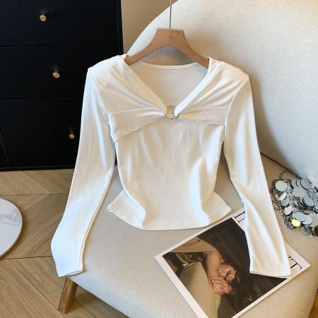 FA43233# 早秋慵懒松弛感收腰修身打底衫女内搭设计感复古独特长袖上衣 服裝批發女裝批發服飾貨源