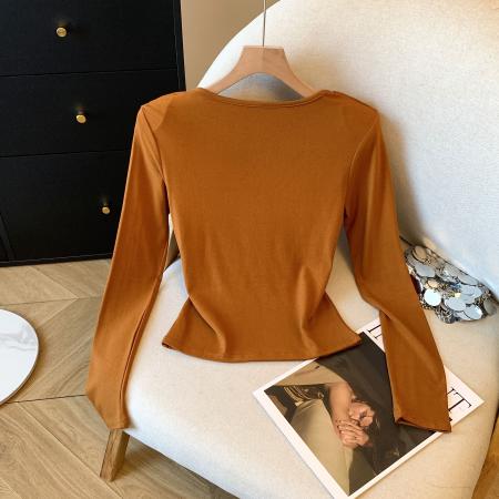 FA43233# 早秋慵懒松弛感收腰修身打底衫女内搭设计感复古独特长袖上衣 服裝批發女裝批發服飾貨源