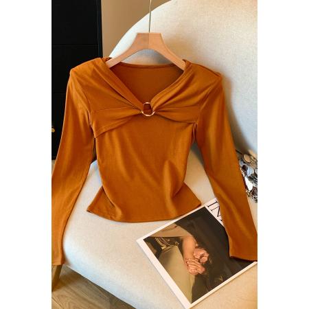 FA43233# 早秋慵懒松弛感收腰修身打底衫女内搭设计感复古独特长袖上衣 服裝批發女裝批發服飾貨源