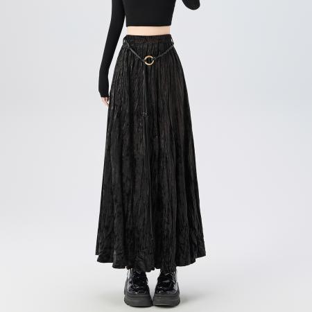 FA43234# 复古褶皱珠光丝绒半身裙女新款秋冬高腰显瘦百褶鱼尾裙女 服裝批發女裝批發服飾貨源