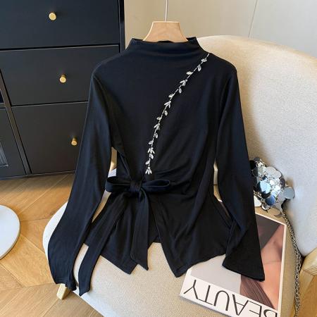 FA43237# 重工钉珠半高领长袖打底衫女秋冬新款开叉气质百搭磨毛不规则上衣 服裝批發女裝批發服飾貨源