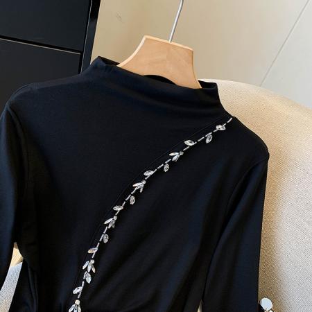 FA43237# 重工钉珠半高领长袖打底衫女秋冬新款开叉气质百搭磨毛不规则上衣 服裝批發女裝批發服飾貨源