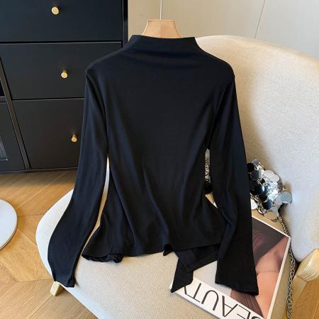 FA43237# 重工钉珠半高领长袖打底衫女秋冬新款开叉气质百搭磨毛不规则上衣 服裝批發女裝批發服飾貨源