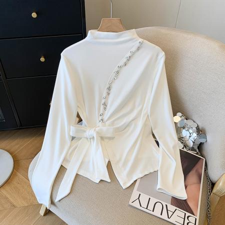 FA43237# 重工钉珠半高领长袖打底衫女秋冬新款开叉气质百搭磨毛不规则上衣 服裝批發女裝批發服飾貨源