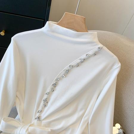 FA43237# 重工钉珠半高领长袖打底衫女秋冬新款开叉气质百搭磨毛不规则上衣 服裝批發女裝批發服飾貨源