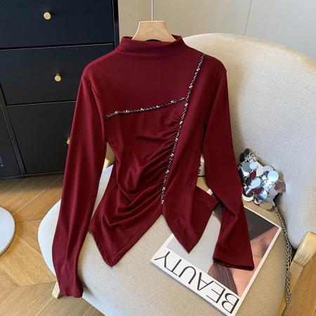 FA43239# 重工钉珠磨毛半高领长袖打底衫女秋冬新款不规则褶皱修身上衣女 服裝批發女裝批發服飾貨源