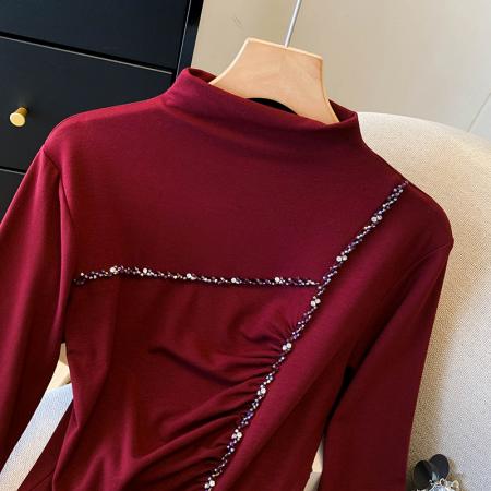 FA43239# 重工钉珠磨毛半高领长袖打底衫女秋冬新款不规则褶皱修身上衣女 服裝批發女裝批發服飾貨源