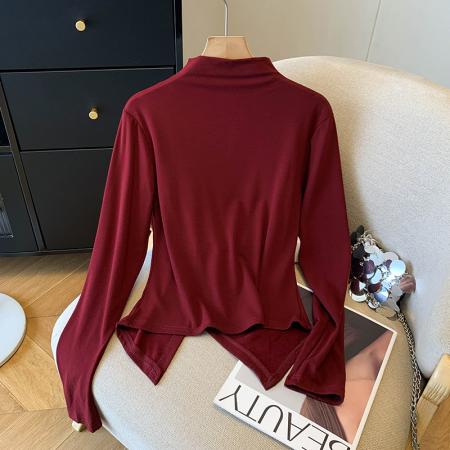 FA43239# 重工钉珠磨毛半高领长袖打底衫女秋冬新款不规则褶皱修身上衣女 服裝批發女裝批發服飾貨源