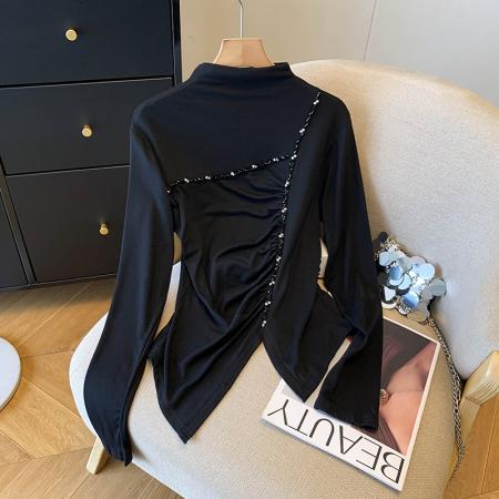 FA43239# 重工钉珠磨毛半高领长袖打底衫女秋冬新款不规则褶皱修身上衣女 服裝批發女裝批發服飾貨源