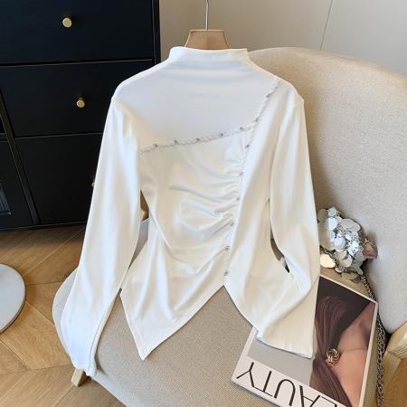 FA43239# 重工钉珠磨毛半高领长袖打底衫女秋冬新款不规则褶皱修身上衣女 服裝批發女裝批發服飾貨源