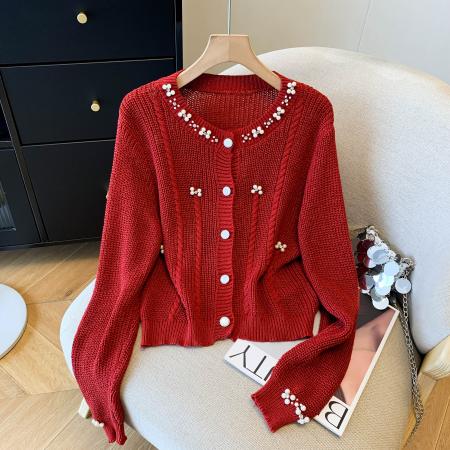 FA43241# 秋冬红色小香风重工钉珠毛衣开衫珍珠领针织外套女设计感小众上衣 服裝批發女裝批發服飾貨源