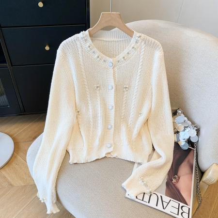 FA43241# 秋冬红色小香风重工钉珠毛衣开衫珍珠领针织外套女设计感小众上衣 服裝批發女裝批發服飾貨源