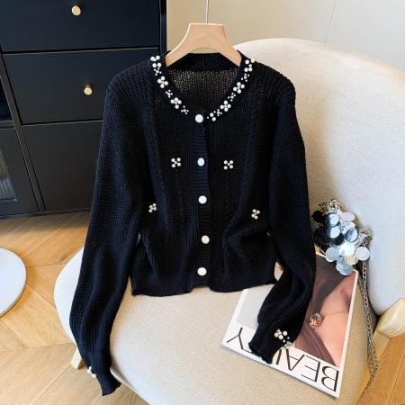 FA43241# 秋冬红色小香风重工钉珠毛衣开衫珍珠领针织外套女设计感小众上衣 服裝批發女裝批發服飾貨源