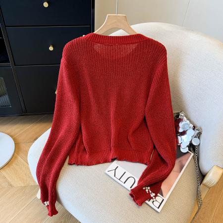 FA43241# 秋冬红色小香风重工钉珠毛衣开衫珍珠领针织外套女设计感小众上衣 服裝批發女裝批發服飾貨源