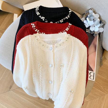 FA43241# 秋冬红色小香风重工钉珠毛衣开衫珍珠领针织外套女设计感小众上衣 服裝批發女裝批發服飾貨源