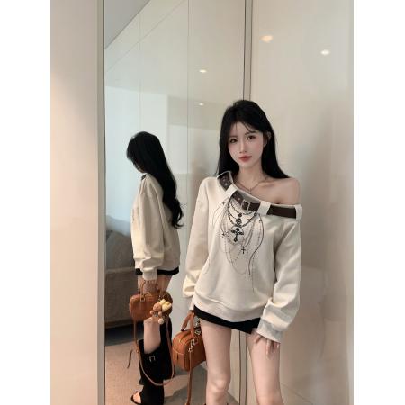 FA43243# 美式辣妹皮带斜肩长袖卫衣女秋季宽松休闲亚文化上衣潮 服裝批發女裝批發服飾貨源