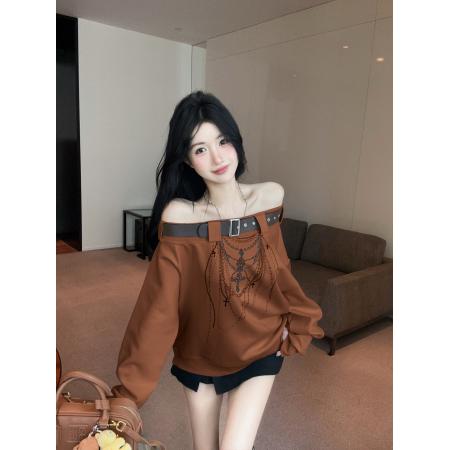 FA43243# 美式辣妹皮带斜肩长袖卫衣女秋季宽松休闲亚文化上衣潮 服裝批發女裝批發服飾貨源