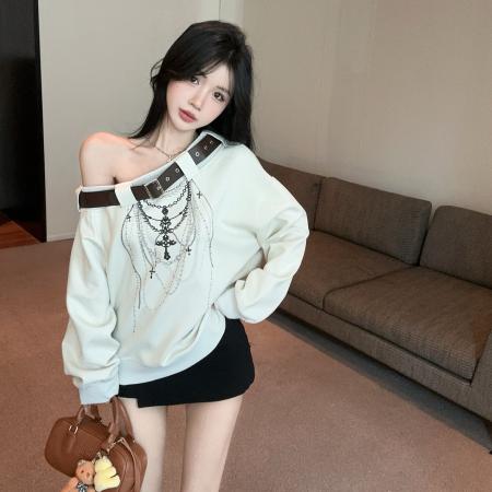 FA43243# 美式辣妹皮带斜肩长袖卫衣女秋季宽松休闲亚文化上衣潮 服裝批發女裝批發服飾貨源
