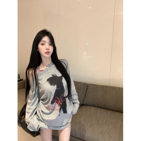 FA43244# 秋季美式复古小狗印花铆钉斜肩宽松长袖T恤女慵懒风上衣 服裝批發女裝批發服飾貨源
