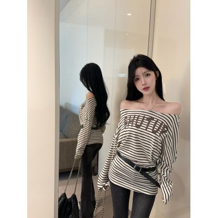 FA43246# 露肩斜肩收腰显瘦腰带条纹长袖T恤女上衣秋季打底辣妹女 服裝批發女裝批發服飾貨源