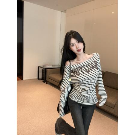 FA43246# 露肩斜肩收腰显瘦腰带条纹长袖T恤女上衣秋季打底辣妹女 服裝批發女裝批發服飾貨源