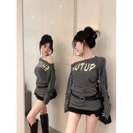 FA43246# 露肩斜肩收腰显瘦腰带条纹长袖T恤女上衣秋季打底辣妹女 服裝批發女裝批發服飾貨源