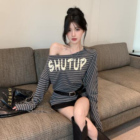 FA43246# 露肩斜肩收腰显瘦腰带条纹长袖T恤女上衣秋季打底辣妹女 服裝批發女裝批發服飾貨源
