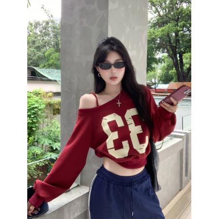 FA43247# 美式短款斜肩吊带卫衣女秋季慵懒风宽松休闲长袖上衣 服裝批發女裝批發服飾貨源