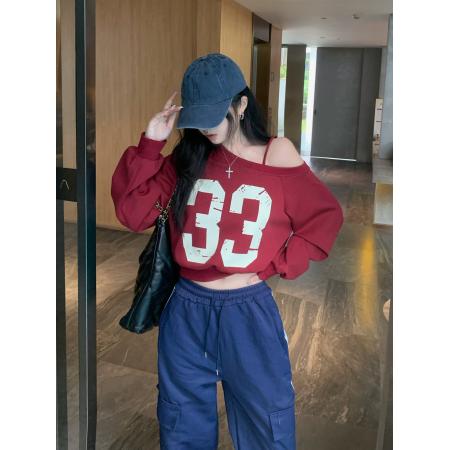 FA43247# 美式短款斜肩吊带卫衣女秋季慵懒风宽松休闲长袖上衣 服裝批發女裝批發服飾貨源