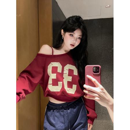FA43247# 美式短款斜肩吊带卫衣女秋季慵懒风宽松休闲长袖上衣 服裝批發女裝批發服飾貨源