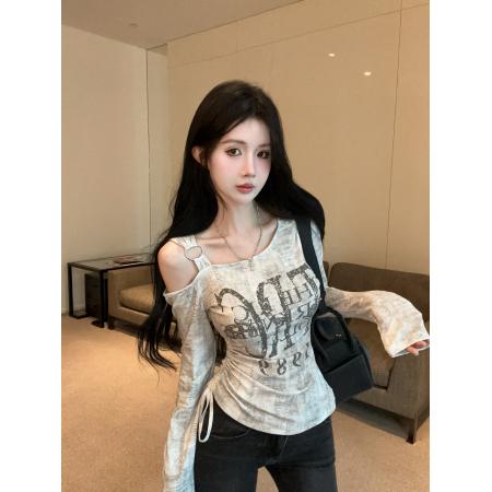 FA43248# 废土风不规则抽绳露肩斜肩长袖t恤女秋季美式上衣打底衫 服裝批發女裝批發服飾貨源