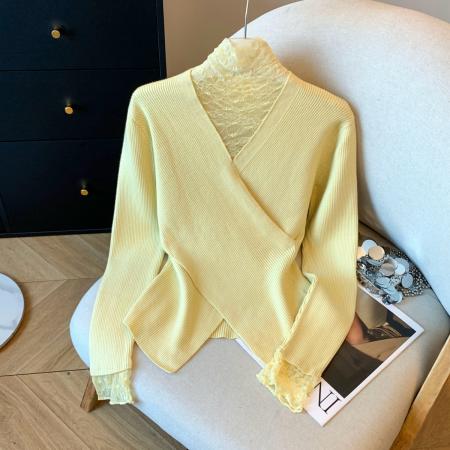 FA43250# 网纱拼接半高领针织衫女秋冬季新款气质长袖打底衫 服裝批發女裝批發服飾貨源