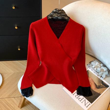 FA43250# 网纱拼接半高领针织衫女秋冬季新款气质长袖打底衫 服裝批發女裝批發服飾貨源