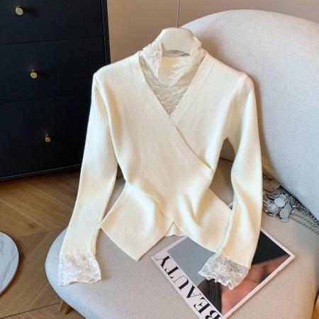 FA43250# 网纱拼接半高领针织衫女秋冬季新款气质长袖打底衫 服裝批發女裝批發服飾貨源